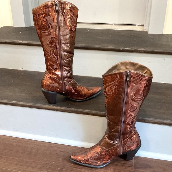 Brown /Cognac John Fashion Sequined Embroidered Pointed Toe Cowboy Boots Sz - Picture 2 of 16